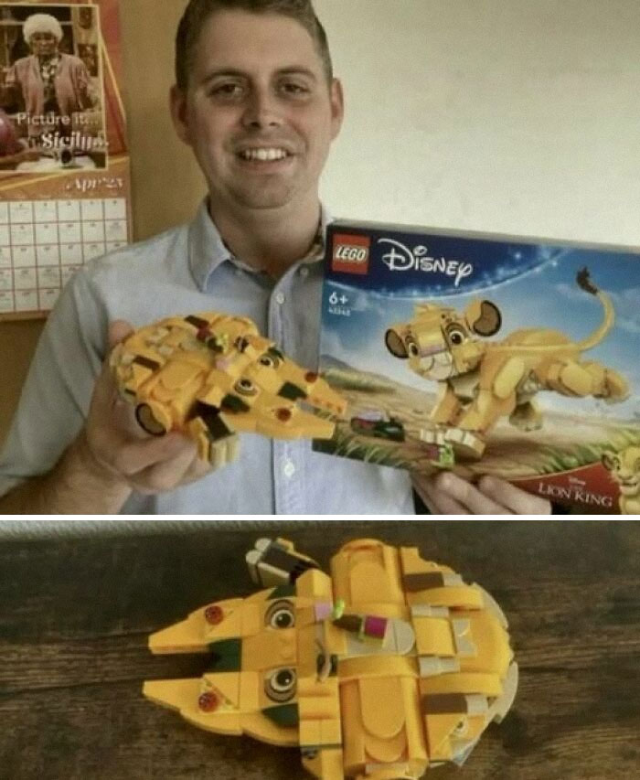 Man holding a Lego Disney Lion King set and a built figure, showcasing a popular pic that goes hard and is widely liked.