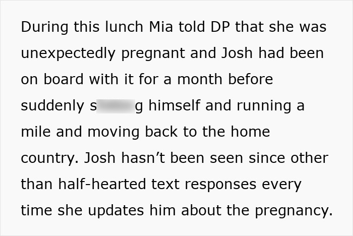 Text describing a woman feeling hurt as her partner’s first birth support experience happens without her presence.
