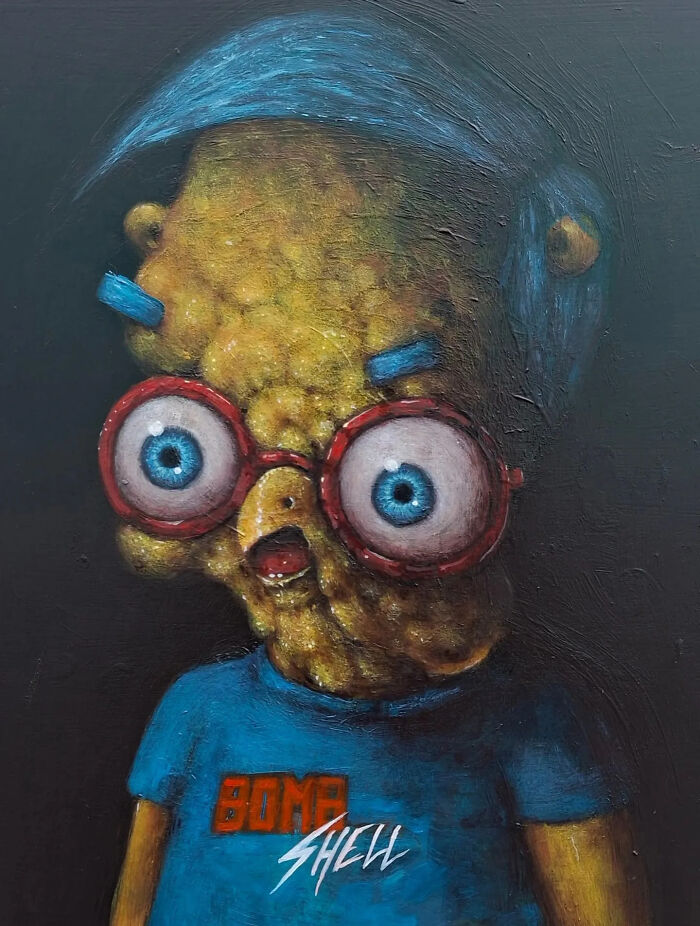 Creepy painting by Tyler Tilley featuring a distorted character with large glasses and a textured yellow face.