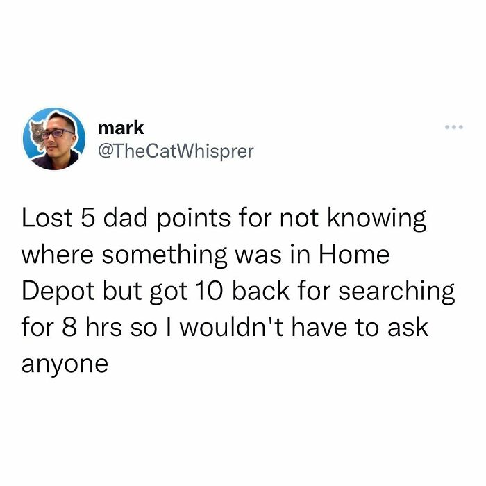Tweet about relatable parenting and marriage humor involving losing and gaining dad points at Home Depot.