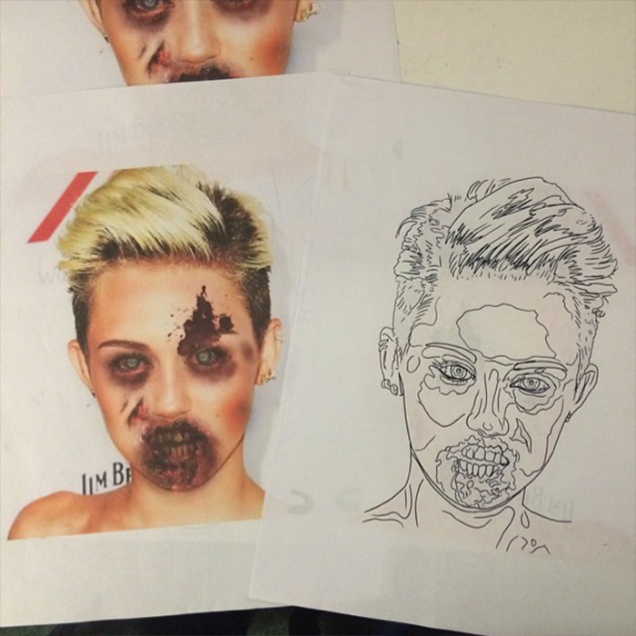Tattoo artist's viral regret shows a zombie-style tattoo design inspired by Miley with dark makeup and sketch outlines on paper. Tattoo artist's viral regret shows a zombie-style tattoo design inspired by Miley with dark makeup and sketch outlines on paper.