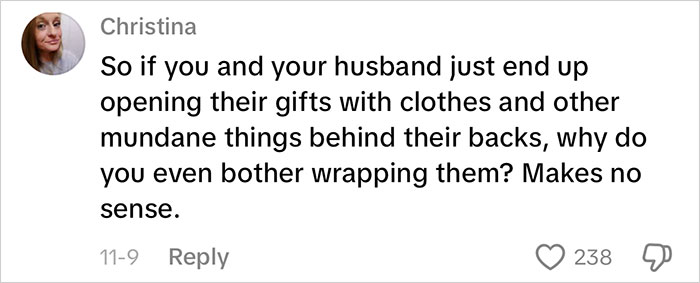 Comment from Christina discussing gifts, reflecting consumerism in the context of a mom going viral for many gifts for her kids.