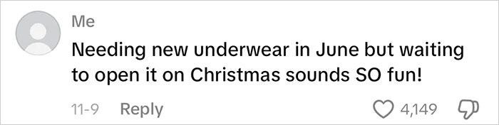 Screenshot of a social media comment about waiting to open new underwear in June, relating to consumerism.