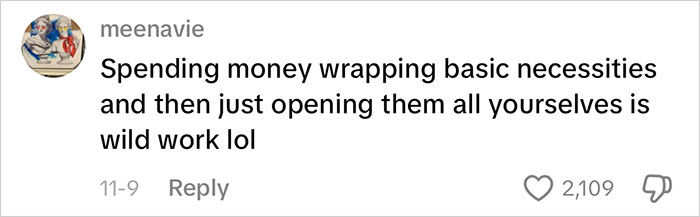 Social media comment about consumerism and excessive gift wrapping amid viral backlash for mom’s insane amount of gifts for kids.