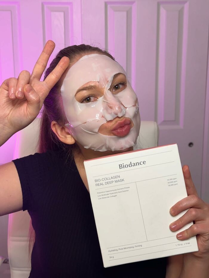 Woman wearing a collagen face mask holding Biodance skincare product, showcasing Black Friday week hot deals for skincare.