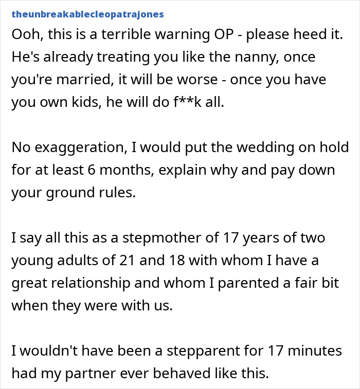 Comment warning about ungrateful husband and lack of support in parenting, advising to reconsider marriage plans. Comment warning about ungrateful husband and lack of support in parenting, advising to reconsider marriage plans.