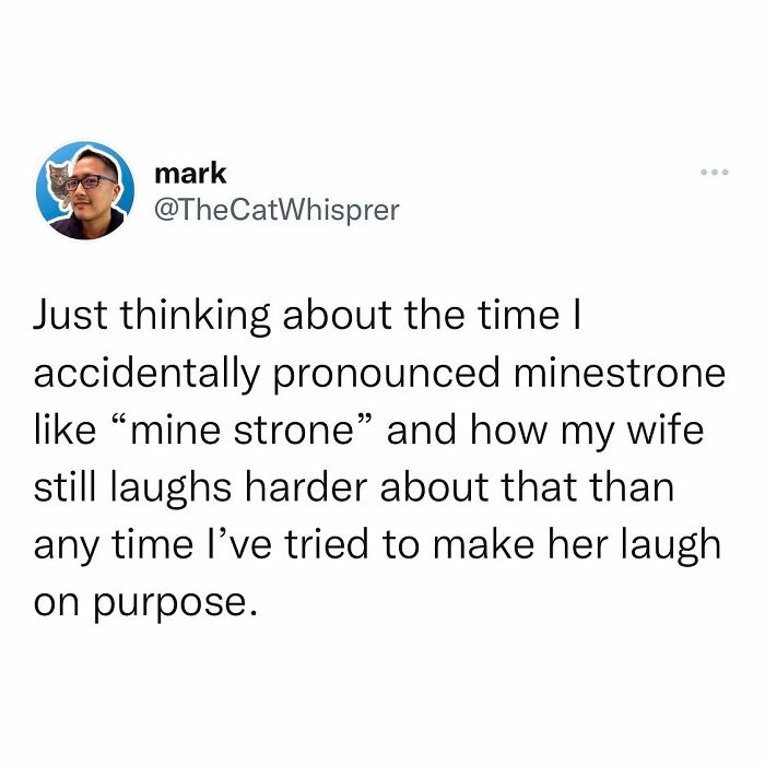 Tweet about relatable parenting and marriage moments where a husband’s funny mispronunciation makes his wife laugh harder.