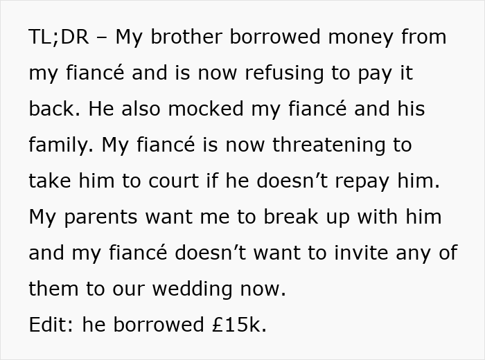 Text describing a fiancé threatening to take the bride’s brother to court, causing wedding family conflict. Text describing a fiancé threatening to take the bride’s brother to court, causing wedding family conflict.