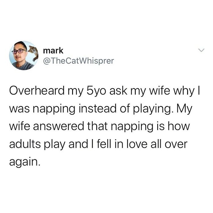 Parenting and marriage tweet about napping as adult play, highlighting relatable moments in family life and relationships.