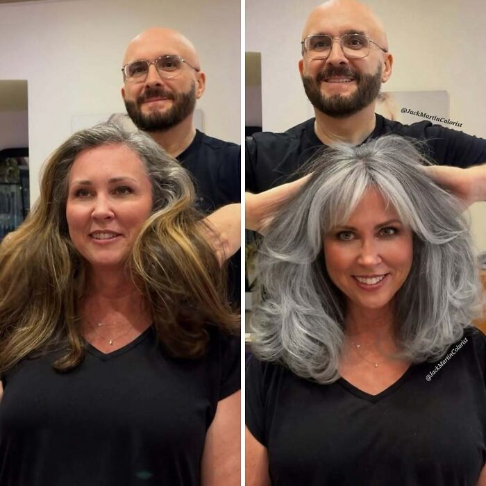 Celebrity hair colorist Jack Martin showcasing a woman's stunning gray hair transformation before and after styling.