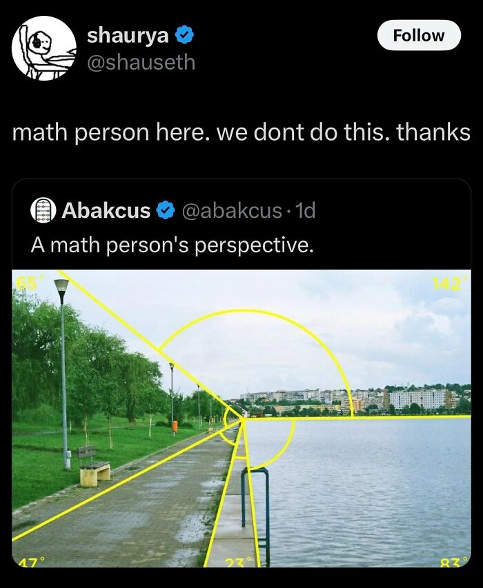 Twitter exchange about math perspective with a lakeside path image overlaid by yellow angles, fitting hilarious educational memes.
