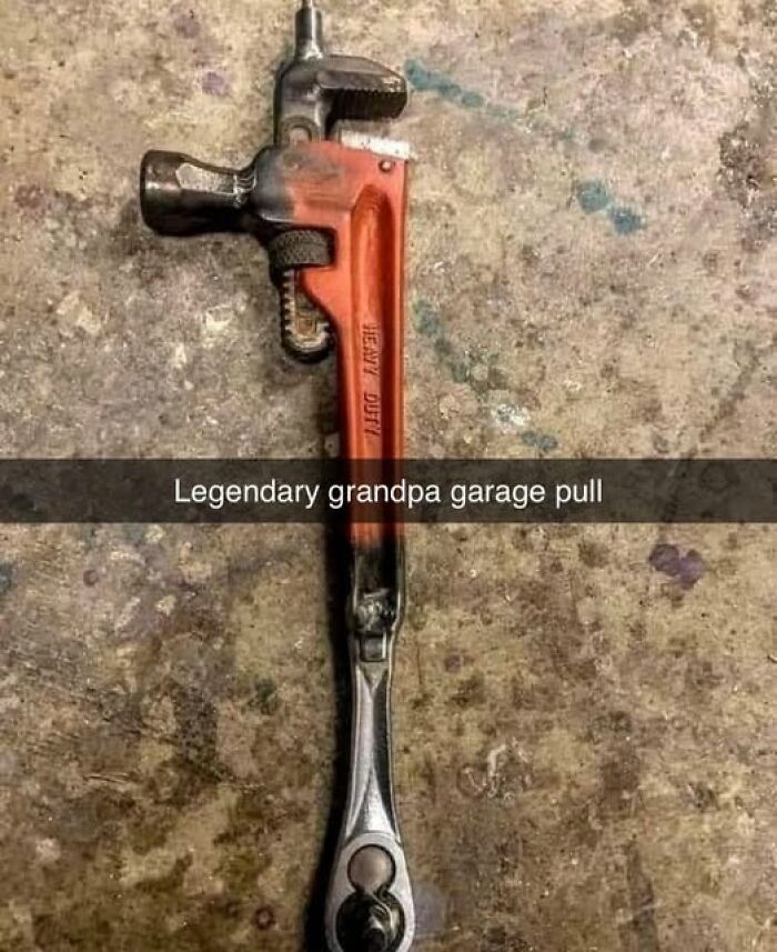Heavy duty pipe wrench modified with a ratchet handle, symbolizing pics that go hard in a garage setting.