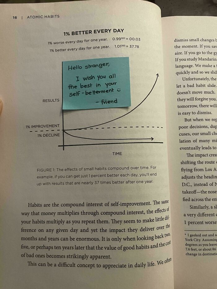 Note showing a kind message on a book page about self-improvement, illustrating faith in humanity restored through simple acts.