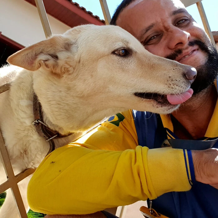 Mailman smiling closely with a friendly dog, showing their bond on his mail delivery route.
