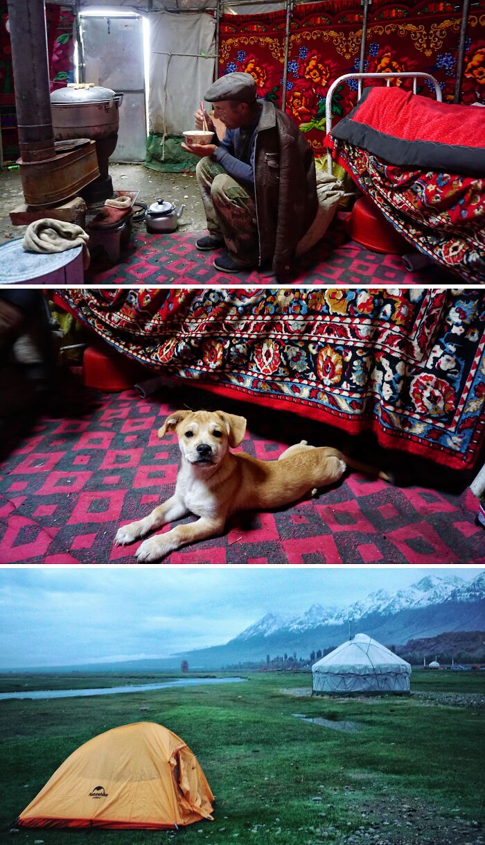 Man eating inside a warm tent, dog lying on patterned carpet, and tents set in a mountainous outdoor landscape.