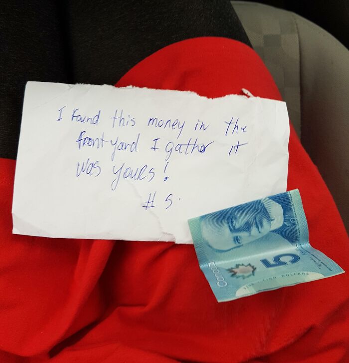 Handwritten note with five-dollar bill found and returned, showing faith in humanity restored through stranger kindness.