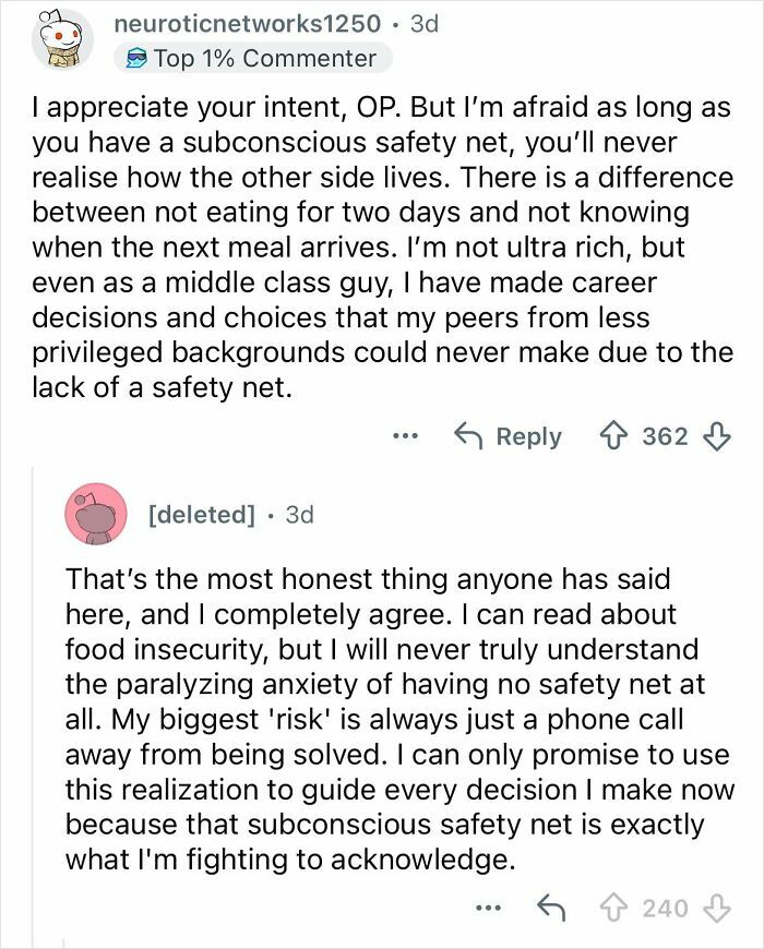 Reddit conversation about privilege and safety nets, reflecting on growing up ultra-privileged and isolated in a wealthy family.