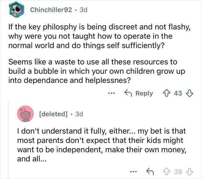Reddit conversation about growing up ultra-privileged and isolated, discussing independence and self-sufficiency.