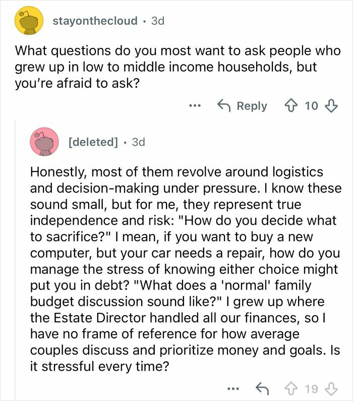 Reddit conversation discussing decision-making and financial stress from growing up ultra-privileged and isolated in a wealthy family.