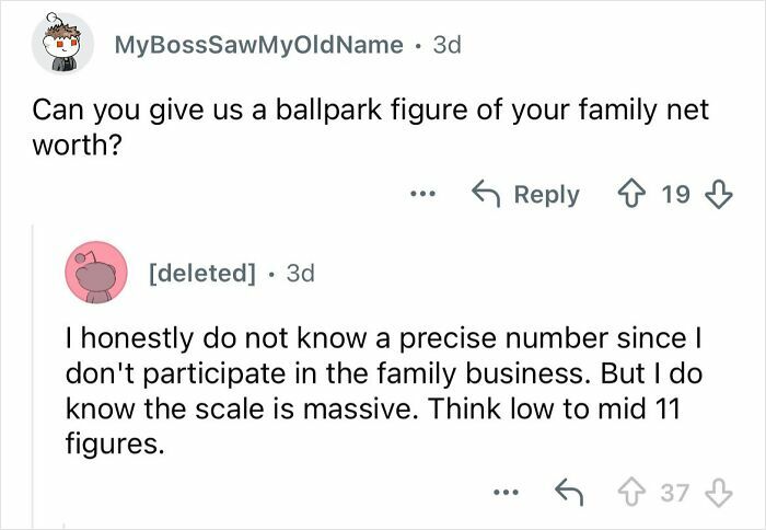 Reddit user discussing their ultra-privileged background and massive family net worth in a social media Q&A.