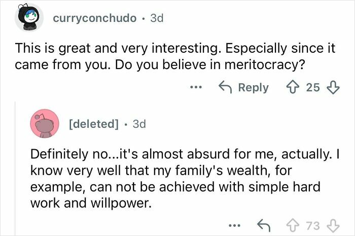 Reddit conversation highlighting views on meritocracy from someone who grew up ultra-privileged and wealthy.