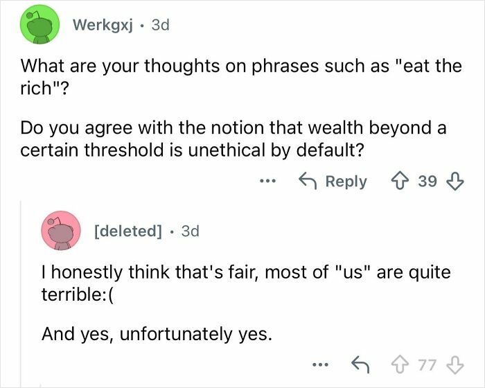 Screenshot of a discussion on wealth and ethics from an ultra-privileged and isolated wealthy family perspective.