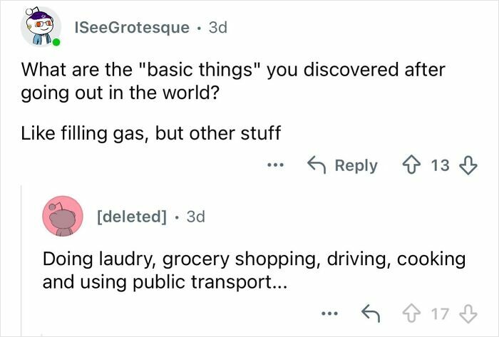 Reddit AMA exchange about growing up ultra-privileged and isolated in a wealthy family discussing basic life skills.