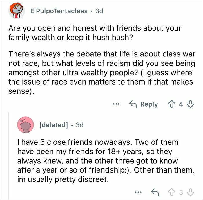 Screenshot of a Reddit AMA discussing family wealth, ultra-privileged lifestyle, and social discretion among wealthy friends.