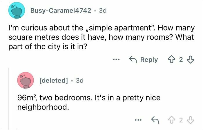 Reddit user asks about the size and location of a simple apartment in a wealthy, ultra-privileged family setting.