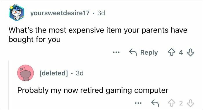 Reddit AMA exchange about growing up ultra-privileged, discussing the most expensive item from wealthy parents.