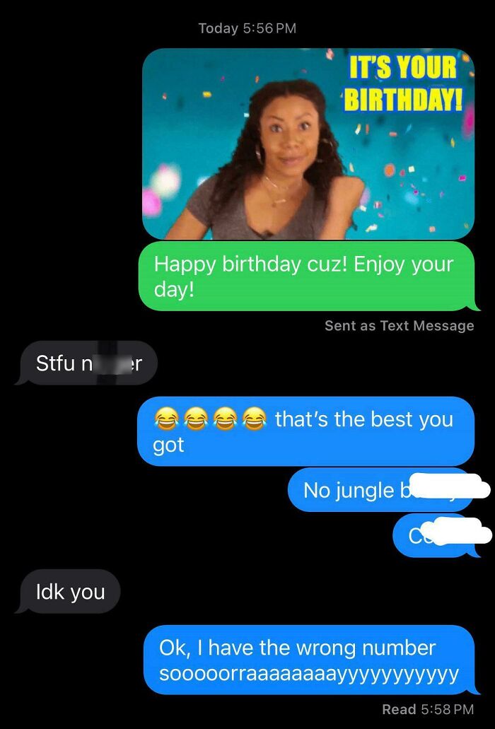 Text message exchange showing a funny wrong number birthday greeting that leads to a confused and annoyed response.