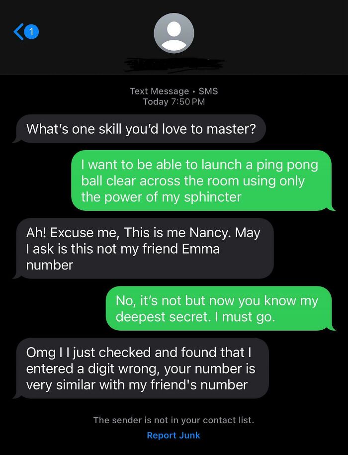 Text conversation showing a funny wrong number text exchange revealing an unusual skill wish with a ping pong ball.