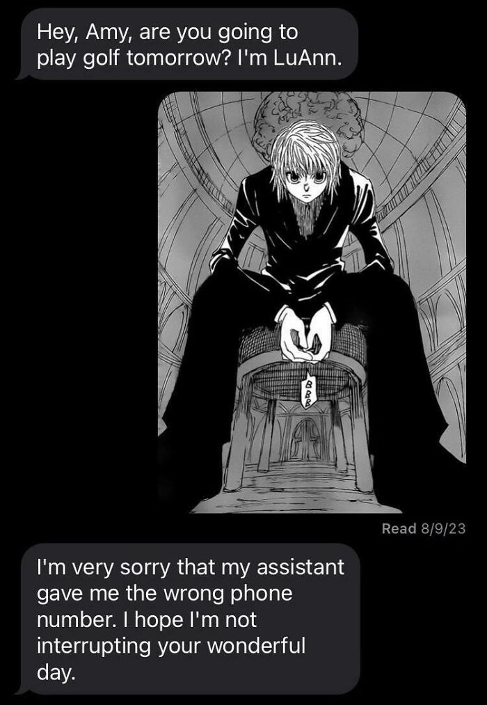 Text message conversation showing a funny wrong number apology paired with a serious manga-style illustration.