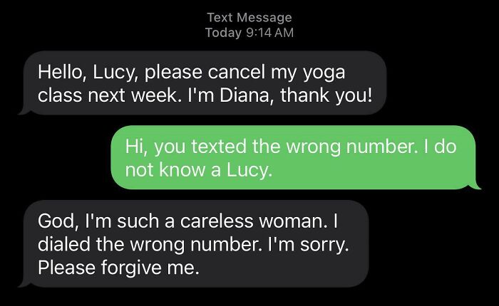 Text message exchange showing a funny wrong number text about canceling a yoga class by mistake.