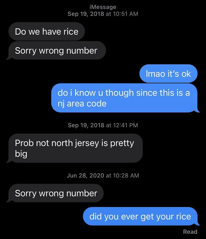Text conversation showing funny wrong number texts about rice and New Jersey area code confusion.