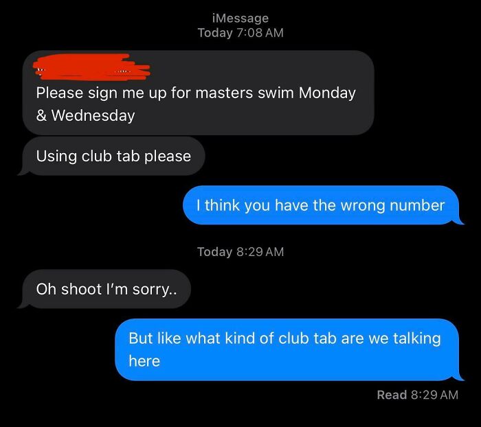 Text message exchange showing a funny wrong number conversation about signing up for swim club sessions.