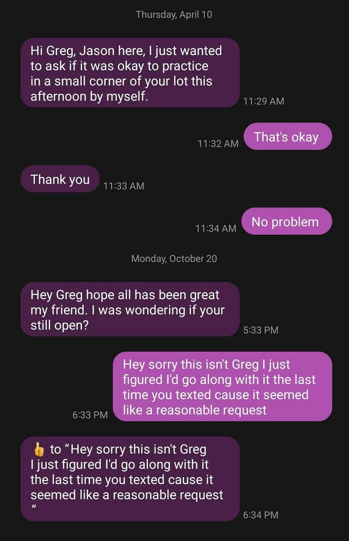 Text message conversation showing funny wrong number texts between two people with polite and humorous replies.