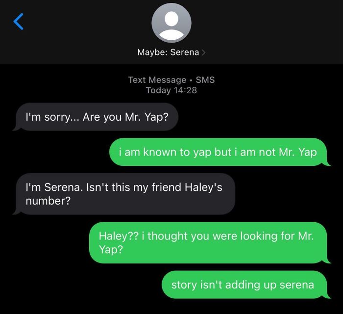 Text message exchange showing a funny wrong number text conversation causing confusion and humor.