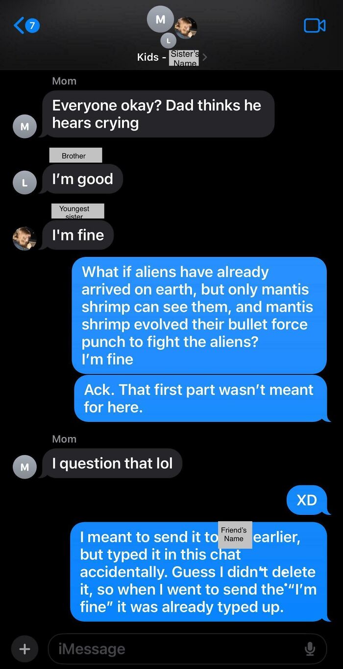 Funny wrong number text conversation about mantis shrimp and aliens causing confusion in a family group chat.