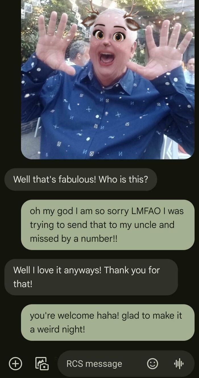 Man with deer filter on face making funny pose in a hilarious wrong number text conversation screenshot.