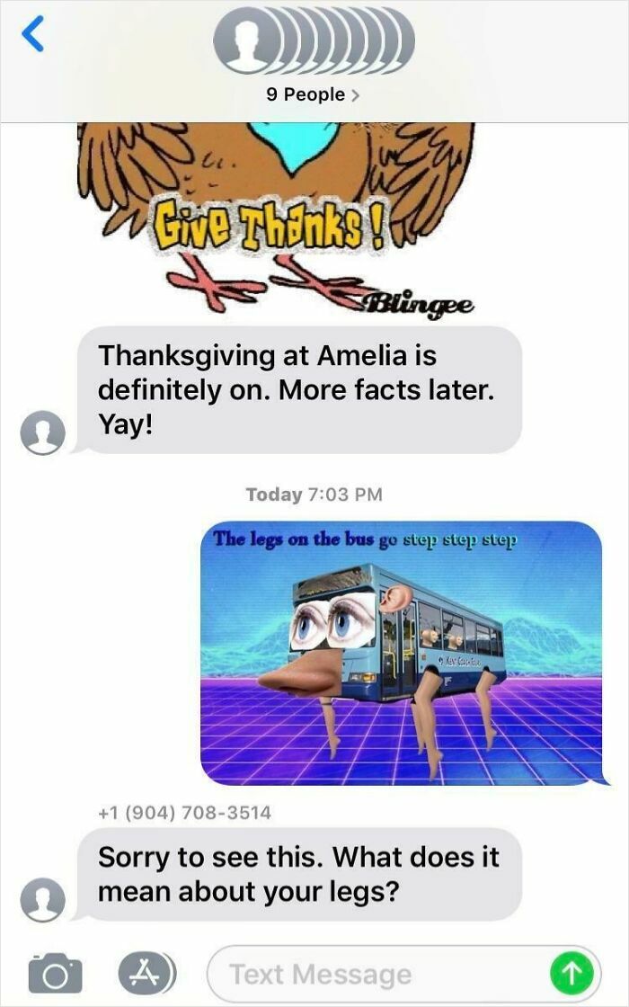 Funny wrong number text conversation featuring a surreal image of a bus with legs and facial features.