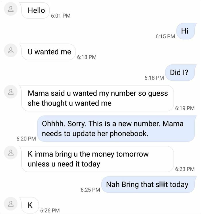 Text message exchange showing a funny wrong number conversation with confused and humorous replies.