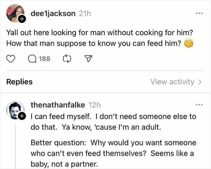 Social media post discussing cooking and independence in relationships, reflecting fight the patriarchy themes and humorous truths.