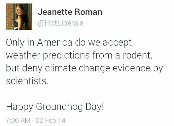 Tweet highlighting climate change denial contrasted with weather predictions, fitting the fight the patriarchy meme theme.