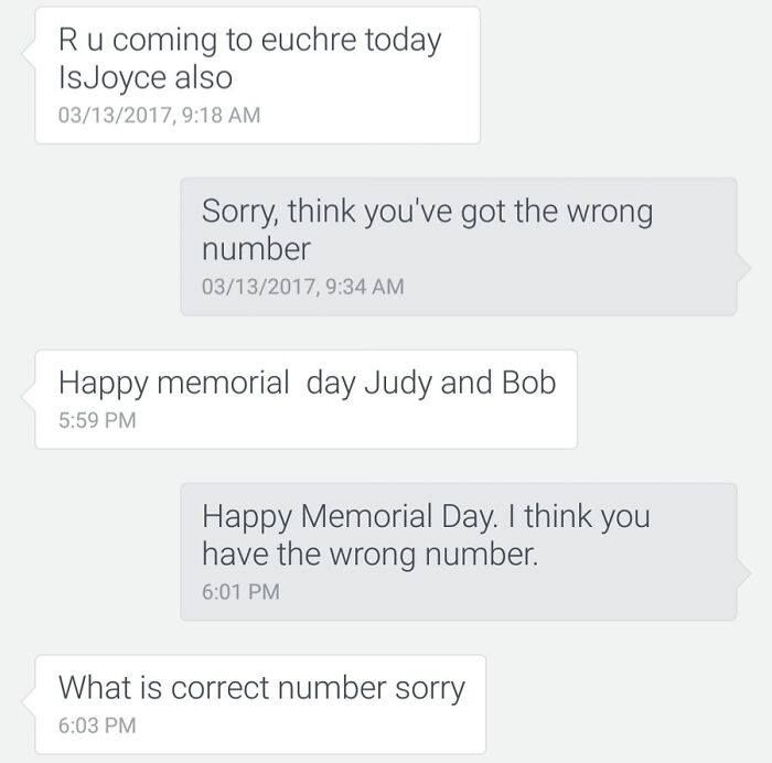 Text conversation showing funny and cringe wrong number texts involving mistaken identity and holiday greetings.