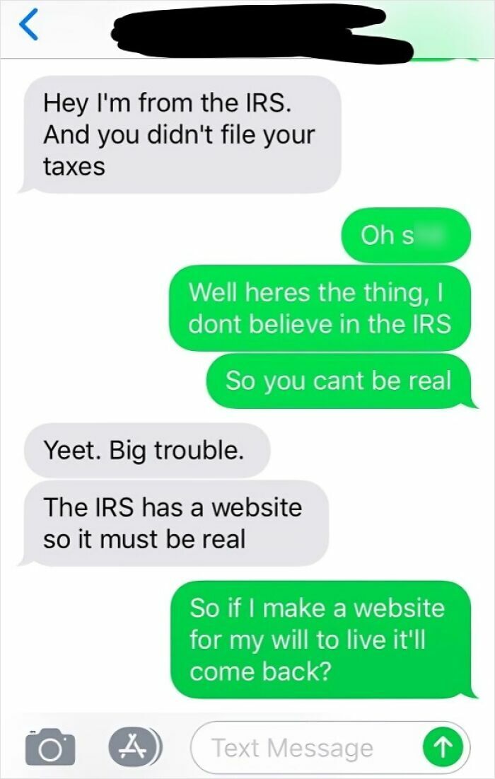 Text message exchange showcasing a funny wrong number conversation about the IRS and disbelief in taxes.