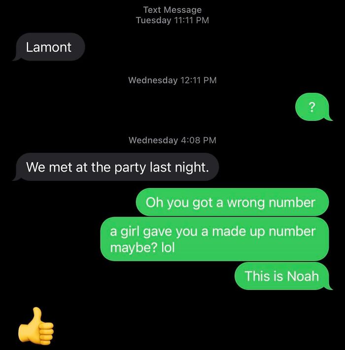 Text exchange showing a funny wrong number conversation with responses clarifying the mistake and playful banter.