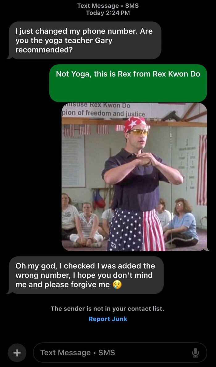 Funny wrong number text exchange about a yoga teacher mistaken for Rex Kwon Do instructor with a humorous image response.