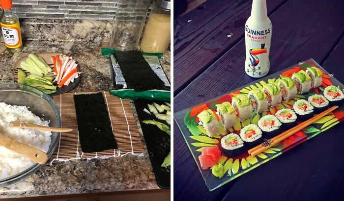 Preparing sushi rolls with fresh ingredients and seaweed, a creative hobby to keep your hands busy during hibernation season.