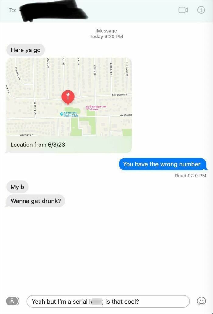 Text message exchange showing a funny wrong number text with a shared location and a humorous reply.